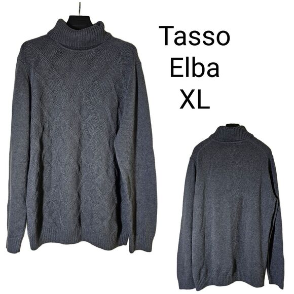 Tasso Elba Chunky Diamond Knit 100% Cotton Turtleneck Mens Pullover Sweater Grey - Picture 1 of 11